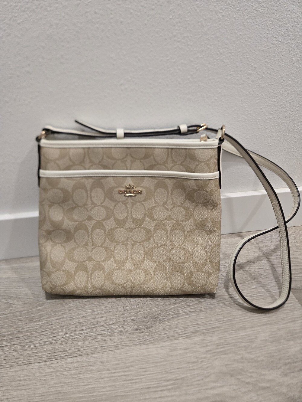 Coach Beige Signature Crossbody Bag with Cream Trim